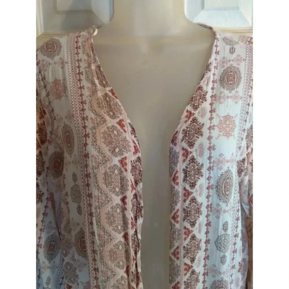 Papermoon Long Cardigan Pink White Geometric Pattern Open Sz S New Boho Peasant - Picture 2 of 11